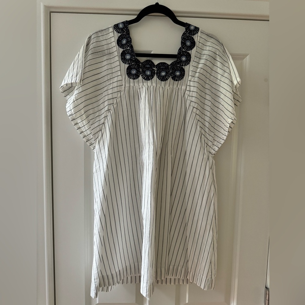 Madewell Linen Embroidered Butterfly Dress SZ XS White Navy Pinstripe - Picture 5 of 15